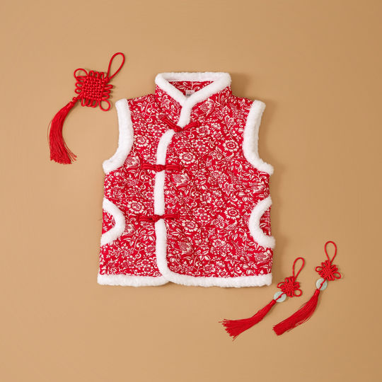 女童东北大花布棉马甲冬季宝宝拜年衣服加厚男女童新年唐装亲子装