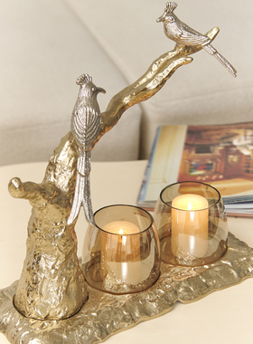 迪斯凯 印度进口欧式轻奢小鸟枝头树下烛杯装饰摆件 客厅装饰品