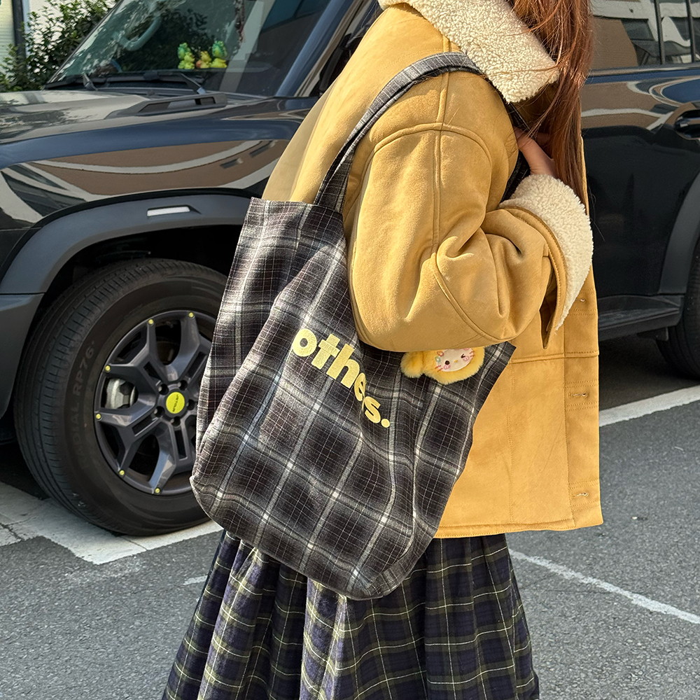 others. 复古格纹手提包女ins风轻便单肩刺绣磨毛 大容量帆布包 - 图2