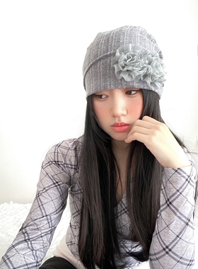 春夏薄款韩系复古可爱玫瑰花朵针织帽堆堆帽ins小众设计套头帽女