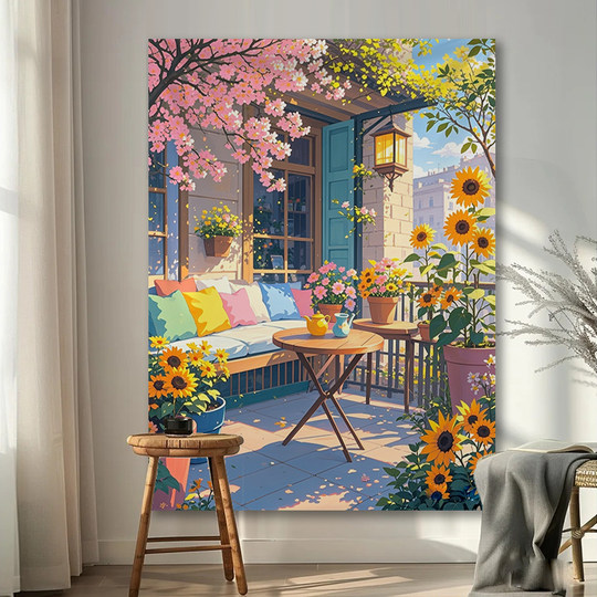 春日阳台温馨竖版背景布治愈挂布卧室客厅装饰画布直播拍照挂毯布