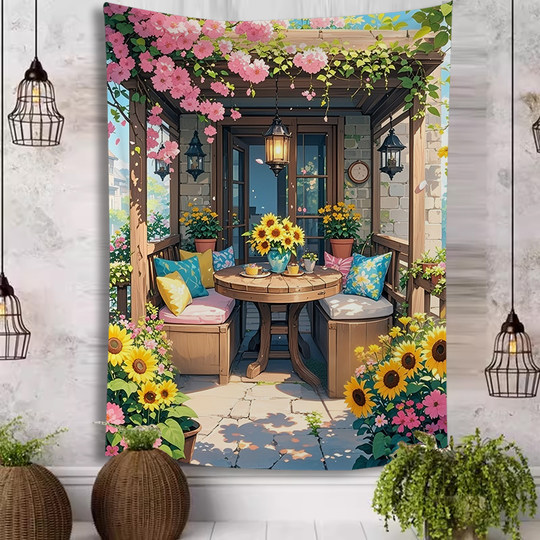 春日阳台温馨竖版背景布治愈挂布卧室客厅装饰画布直播拍照挂毯布