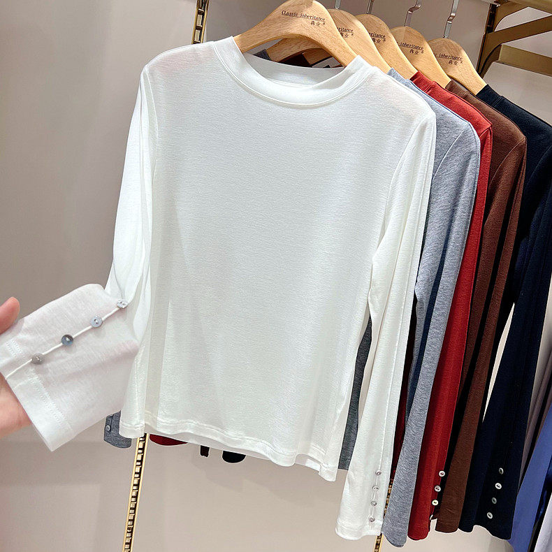 犇业春季新款纯色圆领长袖上衣女薄款天丝羊毛修身显瘦纽扣衫9773,淘宝优惠券,粉丝福利购,淘宝优惠卷