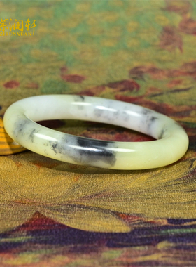 和田玉糖青花手镯圆条水墨意境