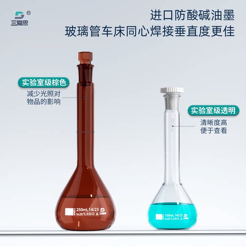 三爱思容量瓶5ML-5L高硼硅玻璃附出厂检定证书A级定计量透明棕色 - 图2