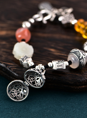 原创设计复古纯银女手链岁岁有鱼