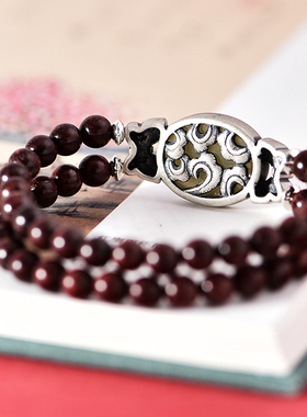 和田玉小叶紫檀纯银民族风女手链