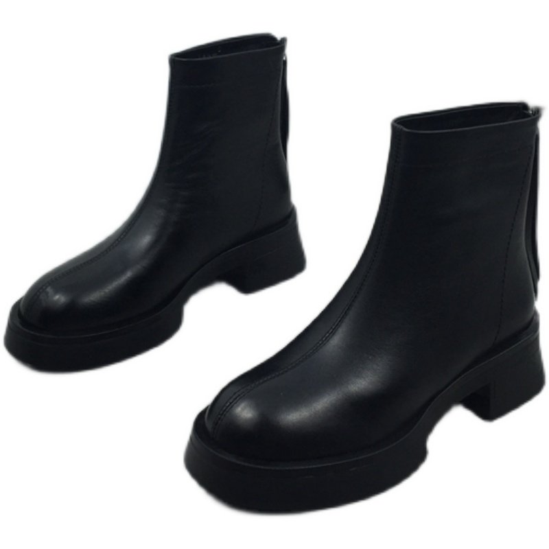 撤柜断码处理真皮2021秋冬新款圆头粗跟后拉链防滑短筒加绒女靴子,淘宝优惠券,粉丝福利购,淘宝优惠卷