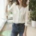Áo sơ mi voan trơn màu dài tay áo sơ mi Han Fan cổ chữ V áo sơ mi nữ sang trọng áo pull rộng - Áo sơ mi dài tay