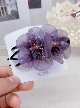 女款简约头饰发夹后脑勺大号雪纺水晶花朵三齿鸭嘴夹抓夹盘头发夹
