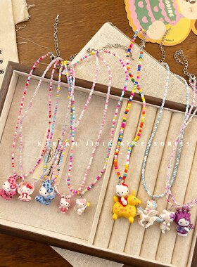 韩版卡通kt猫彩色串珠项链夏季甜美锁骨链可爱猫咪玩偶挂件颈链