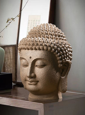 宝丽石新中式大号慈悲佛头佛首佛像禅意摆件东南亚玄关走廊月亮窗