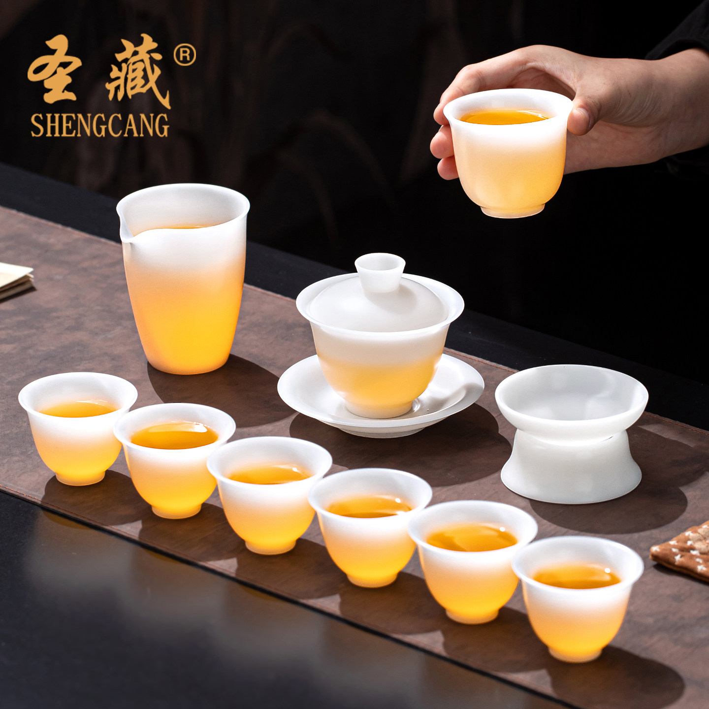 Sacred Tibetan plain-fired jade, ice-seed jade porcelain, covered bowl, kung fu tea set, teapot, light luxury high-end gift box for elders
