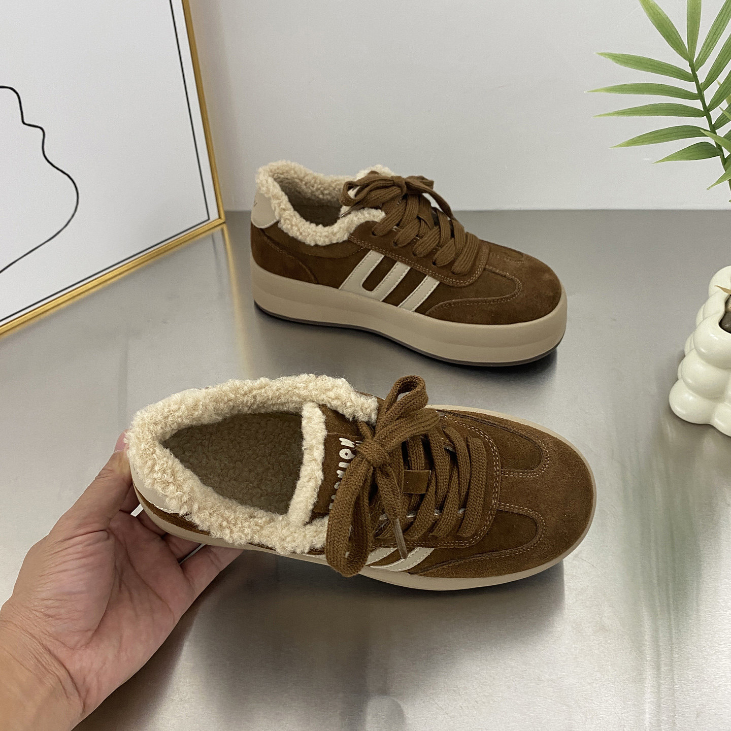 真皮厚底加绒保暖阿甘德训鞋女棉鞋2025冬新款复古休闲板鞋毛毛鞋,淘宝优惠券,粉丝福利购,淘宝优惠卷