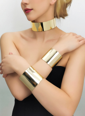 欧美光面金属手镯项圈套装女