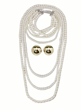 珍珠金属多层女性项链耳环套装