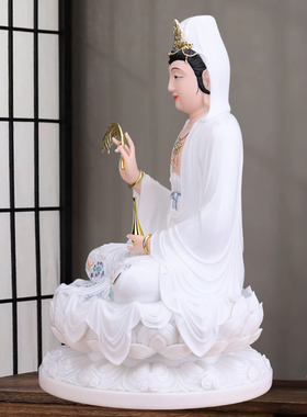 仿瓷观音菩萨佛像摆件坐莲家用供奉南海观世音树脂坐莲像娑婆三圣