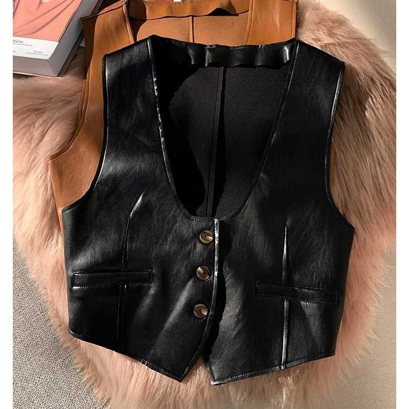 复古内搭皮马甲女外套秋冬女款叠穿棕色洋气坎肩马夹背心欧货上衣,淘宝优惠券,粉丝福利购,淘宝优惠卷