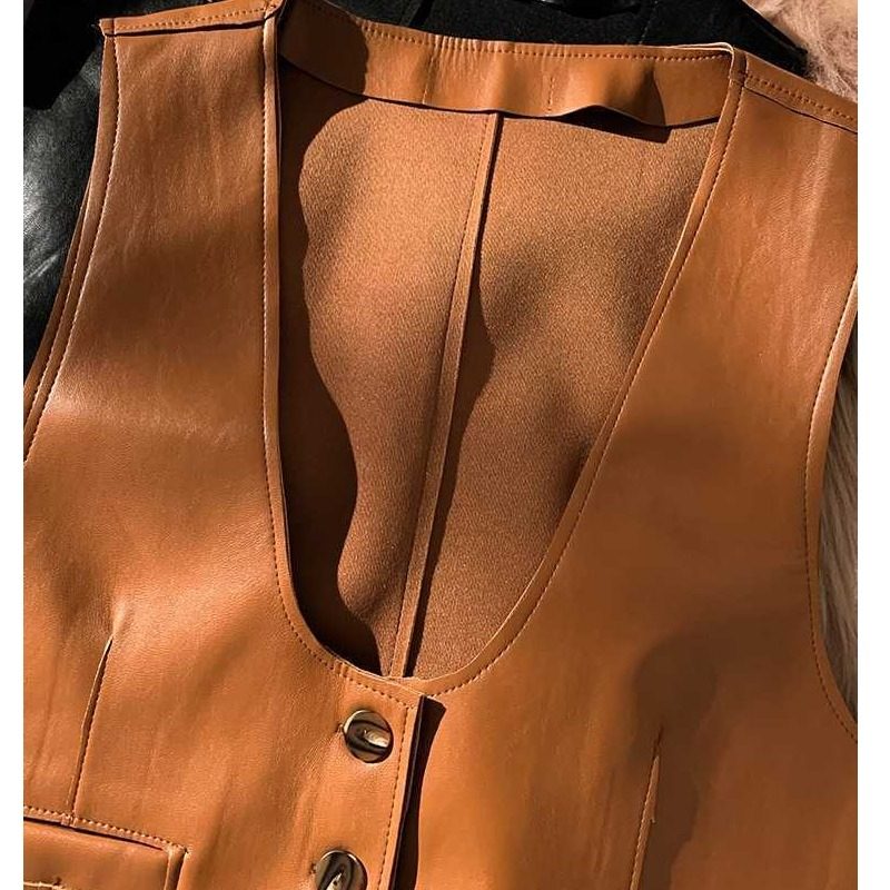 复古内搭皮马甲女外套秋冬女款叠穿棕色洋气坎肩马夹背心欧货上衣,淘宝优惠券,粉丝福利购,淘宝优惠卷