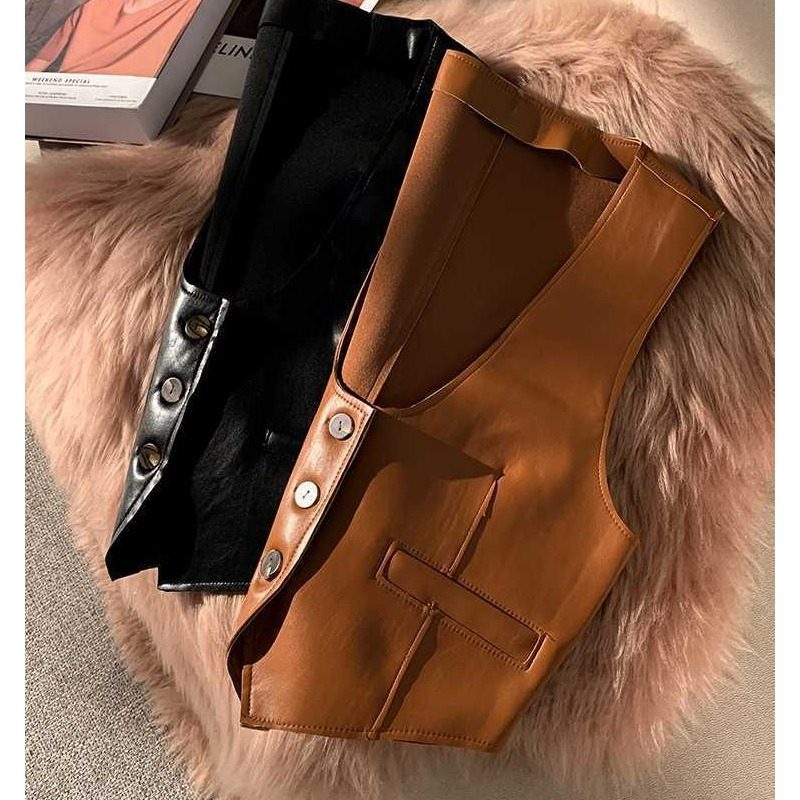 复古内搭皮马甲女外套秋冬女款叠穿棕色洋气坎肩马夹背心欧货上衣,淘宝优惠券,粉丝福利购,淘宝优惠卷