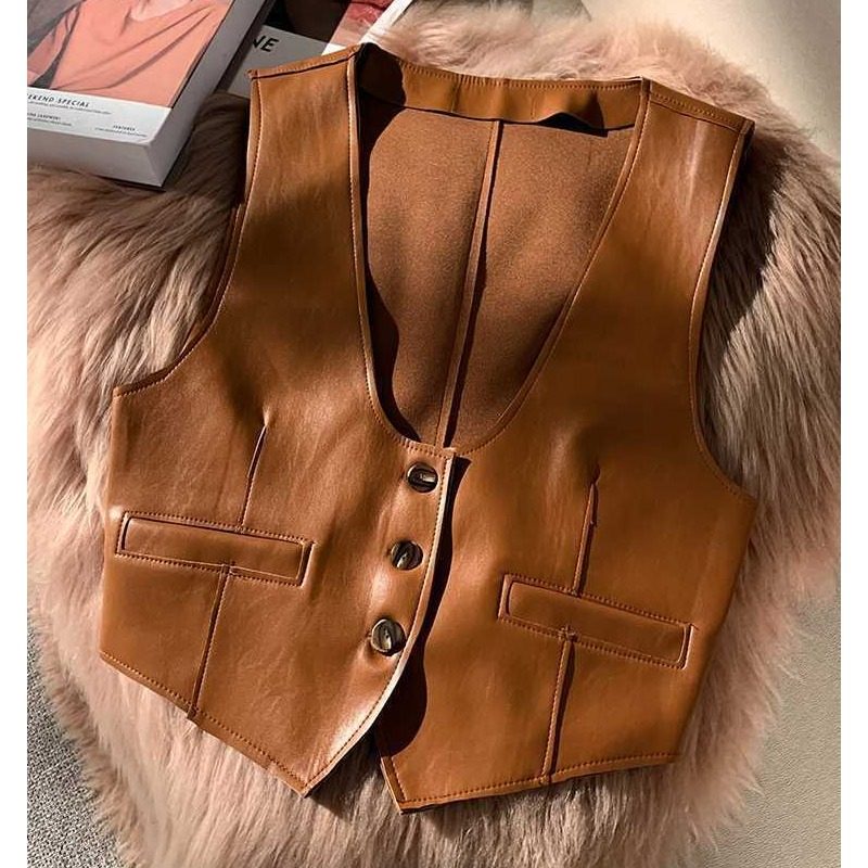 复古内搭皮马甲女外套秋冬女款叠穿棕色洋气坎肩马夹背心欧货上衣,淘宝优惠券,粉丝福利购,淘宝优惠卷