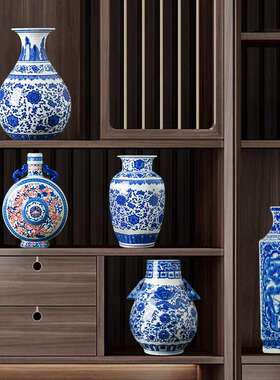景德镇陶瓷花瓶大号青花瓷仿古瓷器摆件博古架客厅插花家居装饰品