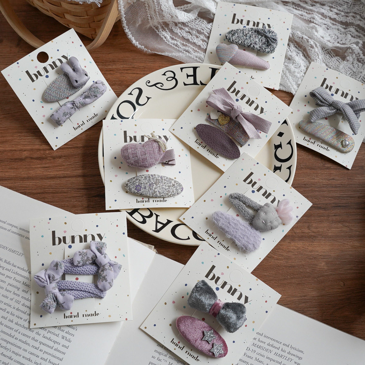 小众设计感莫兰迪灰紫系布艺几何发夹碎花蝴蝶结爱心萝卜组合发卡 - 图0