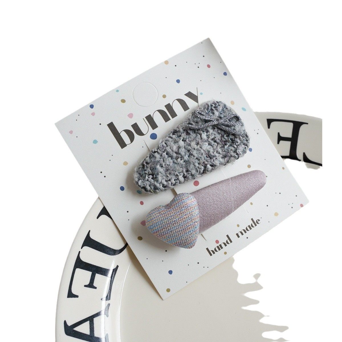 小众设计感莫兰迪灰紫系布艺几何发夹碎花蝴蝶结爱心萝卜组合发卡 - 图3