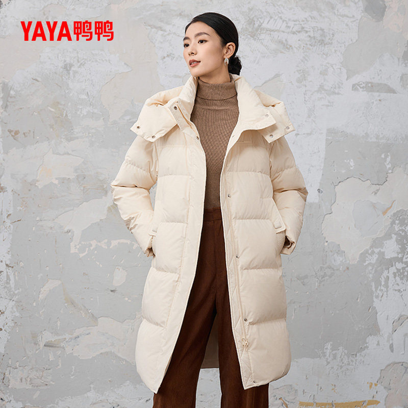 鸭鸭羽绒服女新品2025冬季新品时尚百搭蓬松过膝盖长款连帽厚外套