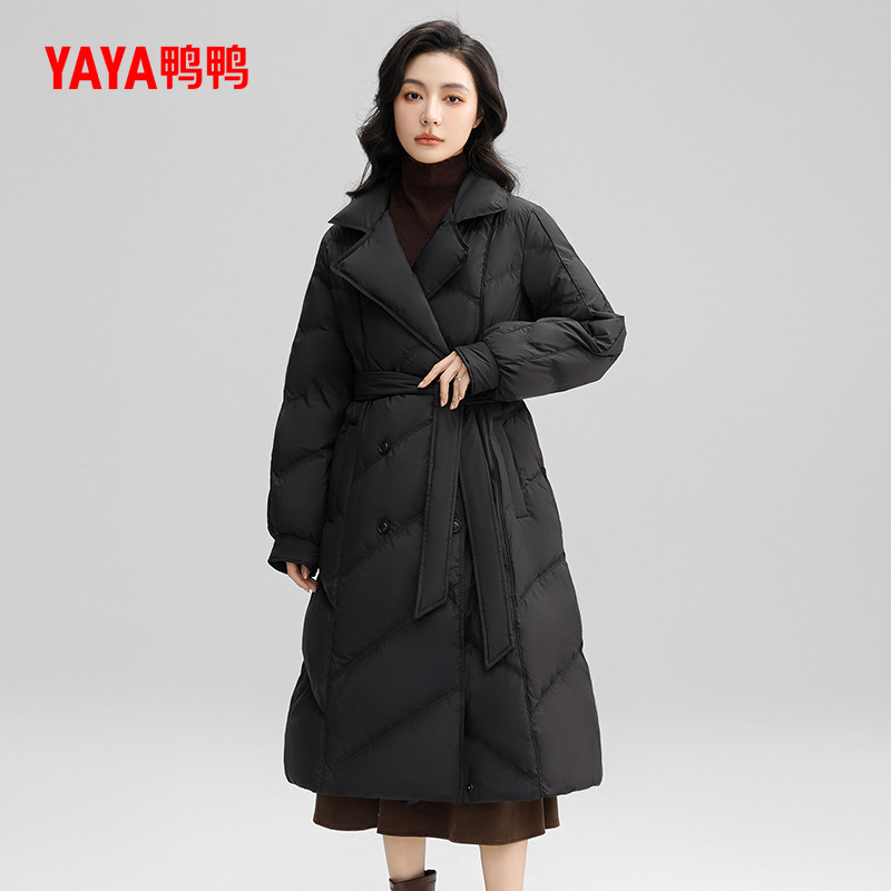 鸭鸭羽绒服女款2025秋冬反季加厚中长款西装领系带显瘦保暖外套S