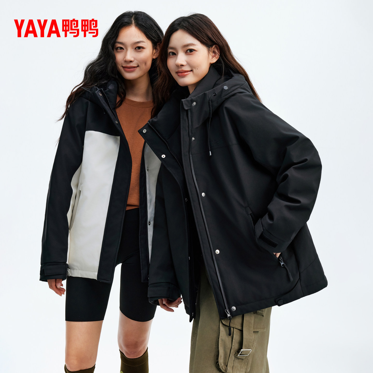 鸭鸭户外羽绒服女2025秋冬新品时尚拼色派克服短款连帽保暖外套J