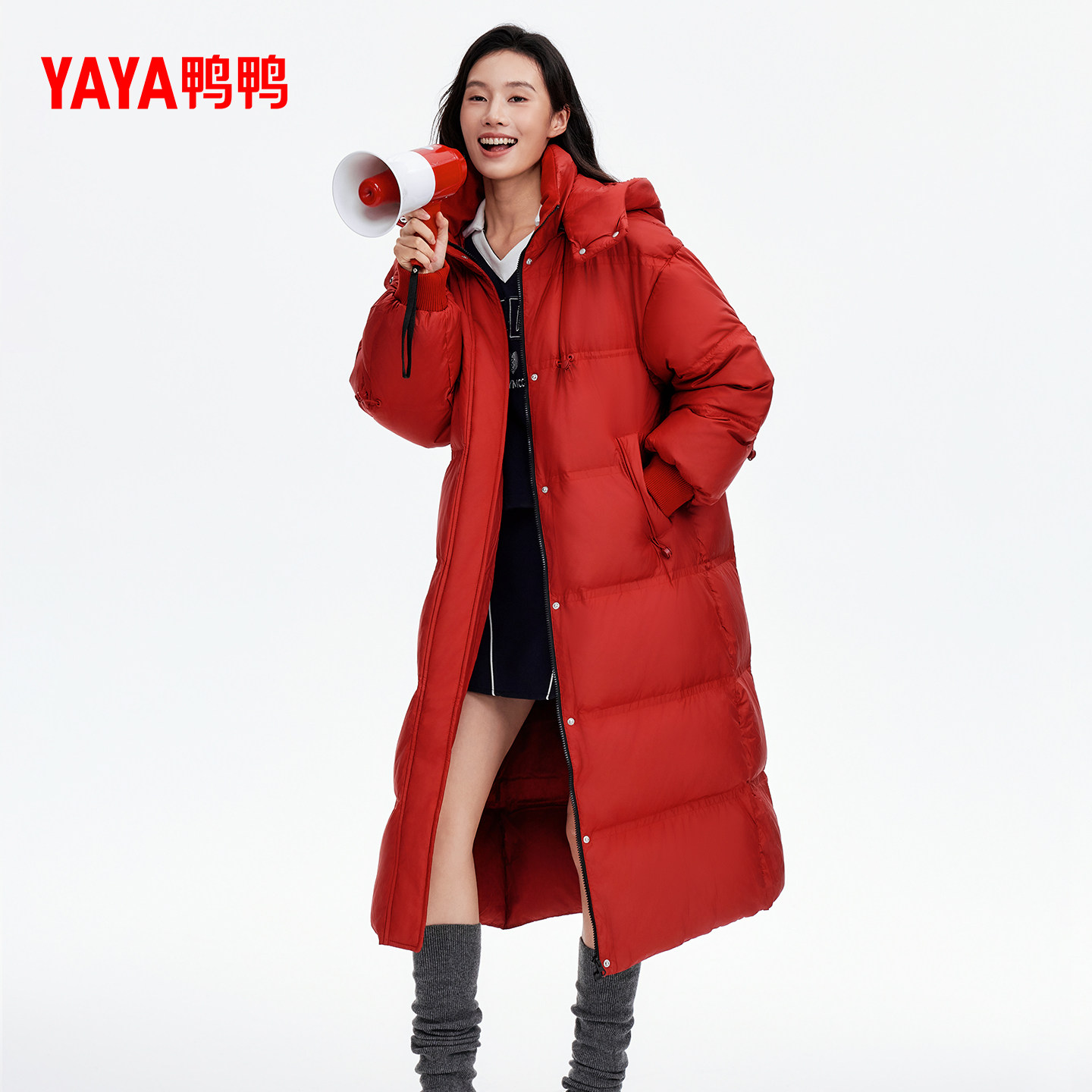 鸭鸭过膝超长羽绒服女2025年冬季面包服韩版宽松鸭绒保暖厚外套Y