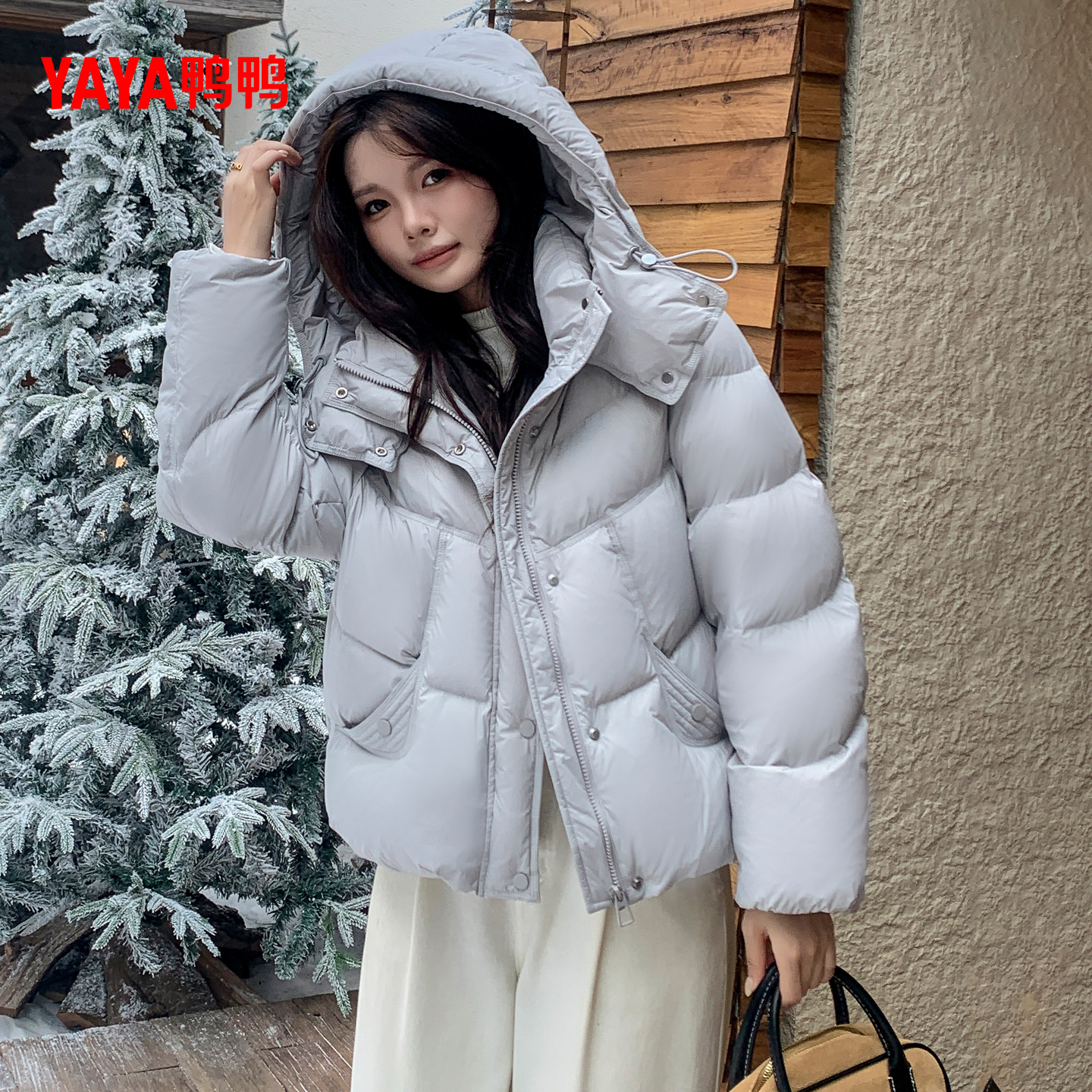 鸭鸭羽绒服女2025冬新品时尚小个子短款加厚立领连帽90鸭绒外套J - 图2