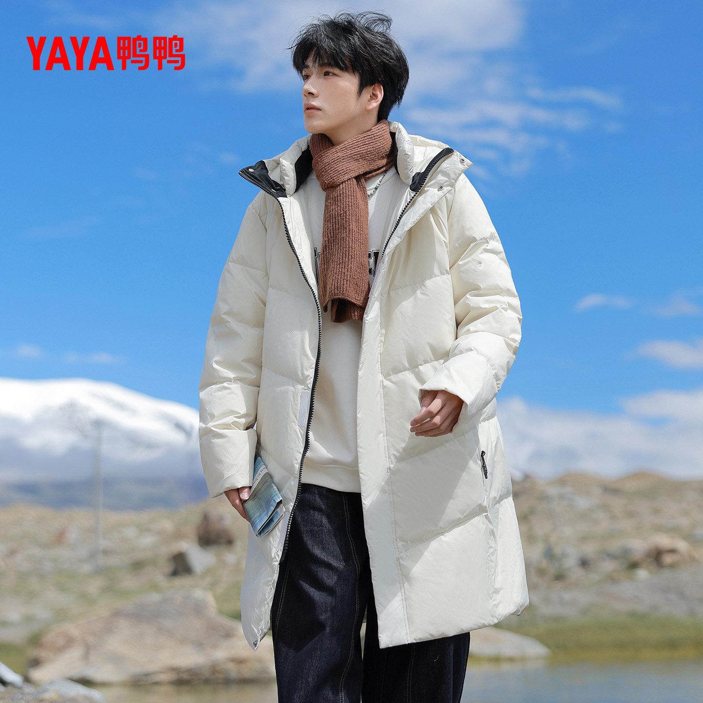 鸭鸭羽绒服男款2025年冬季新品中长款连帽加厚休闲保暖鸭绒外套M