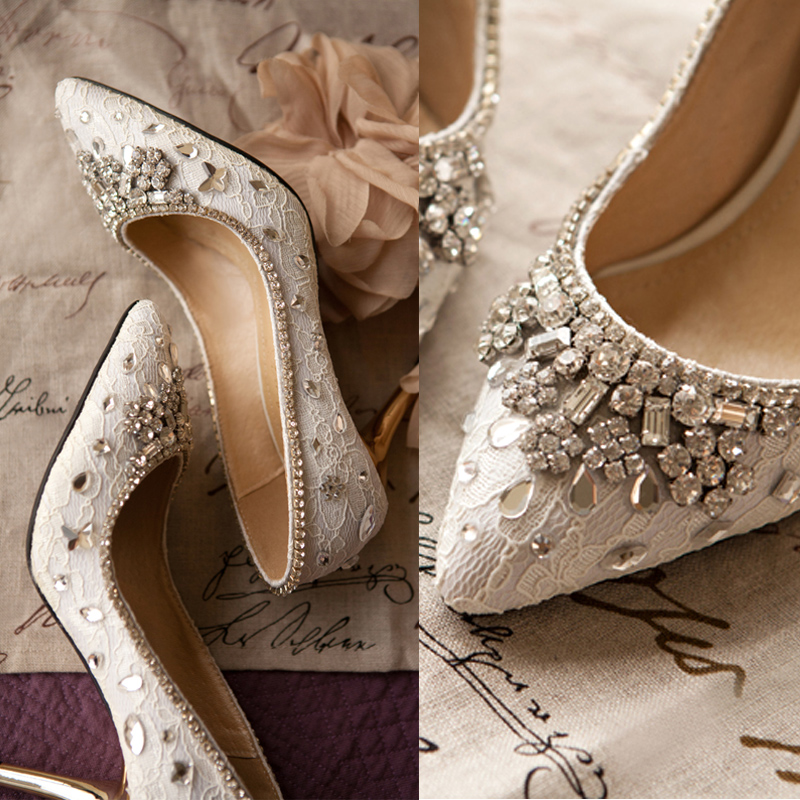 韩版水晶鞋婚鞋女红色新娘鞋手工定制蕾丝高跟鞋婚鞋水钻中跟单鞋