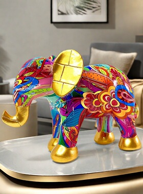 跨境创意炫彩转印金耳大象摆件北欧家居玄关客厅电视柜树脂装饰品