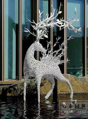 不锈钢鹿雕塑抽象几何切面鹿摆件