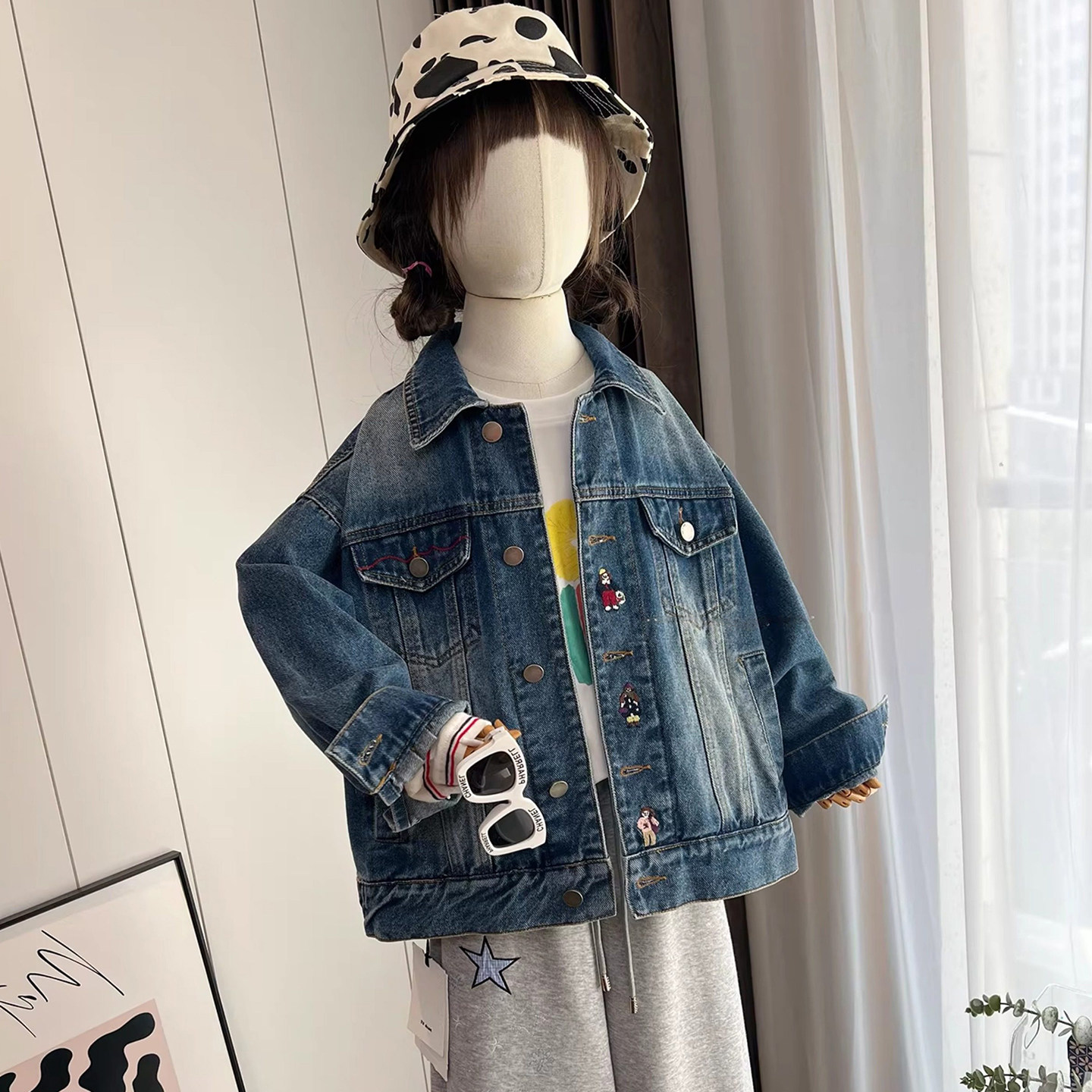 女童春秋季牛仔外套中大儿童韩式宽松翻领长袖牛仔外套男童夹克衫,淘宝优惠券,粉丝福利购,淘宝优惠卷