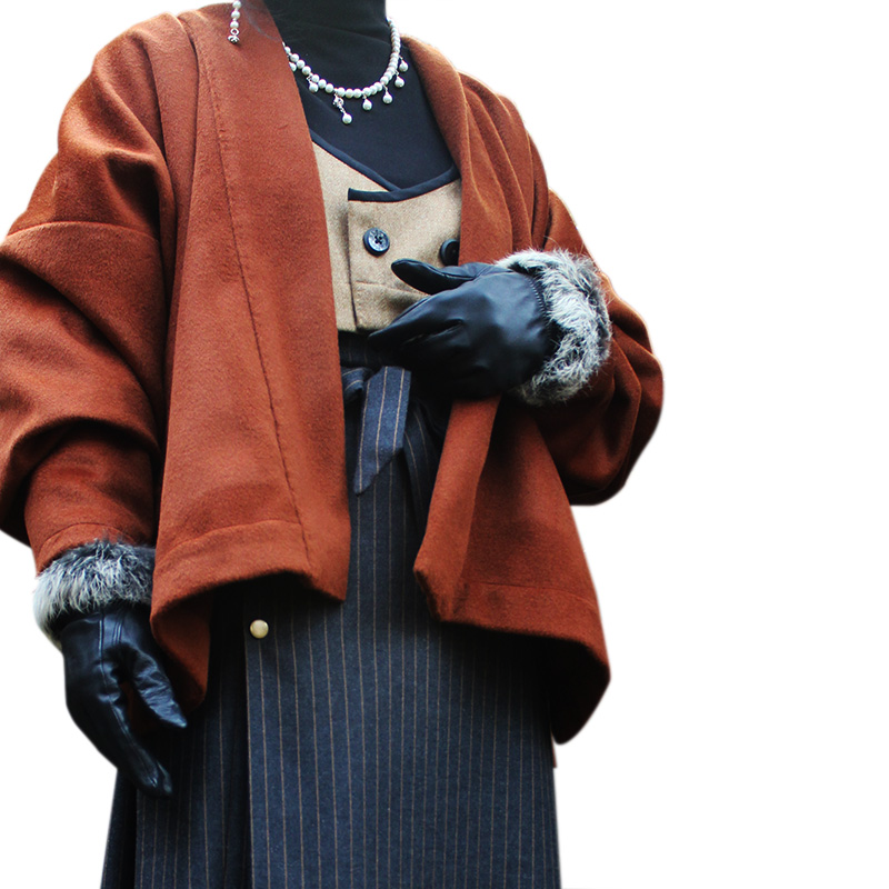柿叶 焦糖色灰橘红羊毛羊绒混纺飞机袖对襟短衫 宋制冬春日常汉服 - 图3