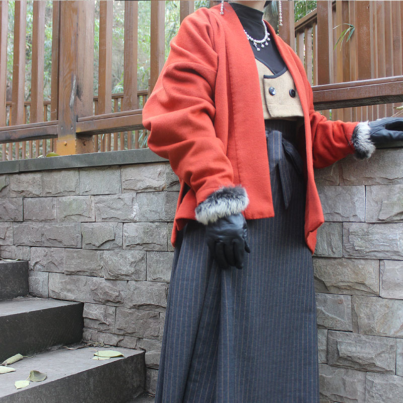 柿叶 焦糖色灰橘红羊毛羊绒混纺飞机袖对襟短衫 宋制冬春日常汉服 - 图1