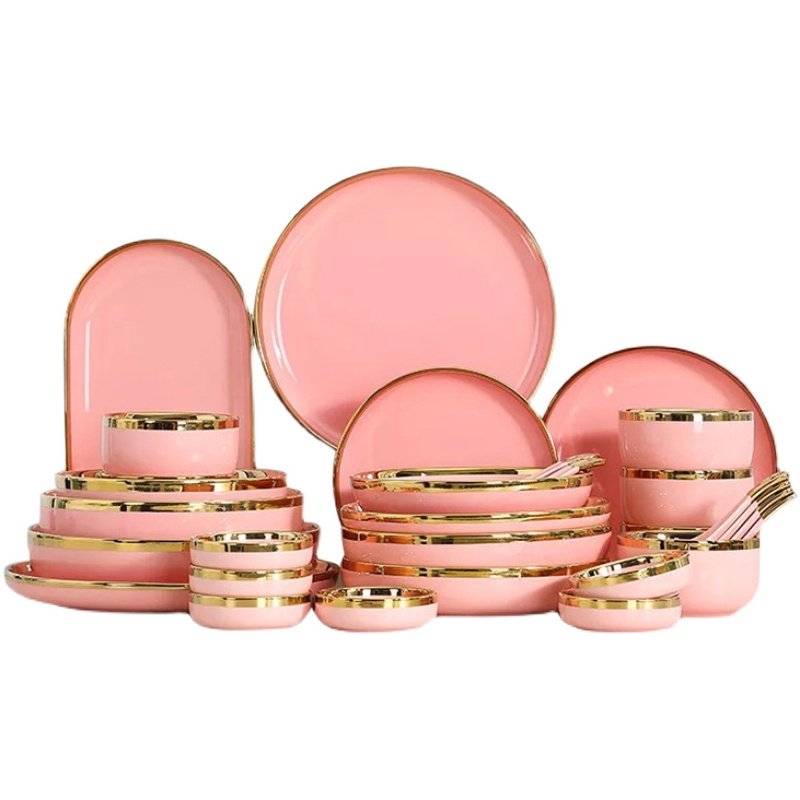 北欧陶瓷粉色金边轻奢米饭碗单个碗碟套装家用创意餐具盘子面汤碗,淘宝优惠券,粉丝福利购,淘宝优惠卷