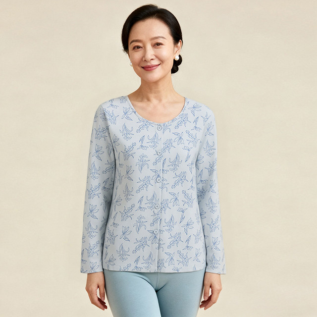 Dingguagua ສີຝ້າຍພິມແມ່ຍິງ pajama tops ແຂນຍາວ placket ຄໍຮອບໃນນຸ່ງເສື້ອ bottoming ເສື້ອກັນໜາວ ຊັ້ນດຽວ ສຳ ລັບຜູ້ຍິງ