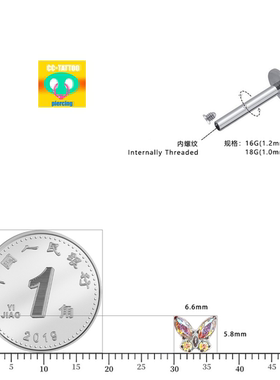 CC猪弟家 16G/18G 蝴蝶锆石 镜面抛钛合金耳钉耳骨钉耳窝钉内螺纹