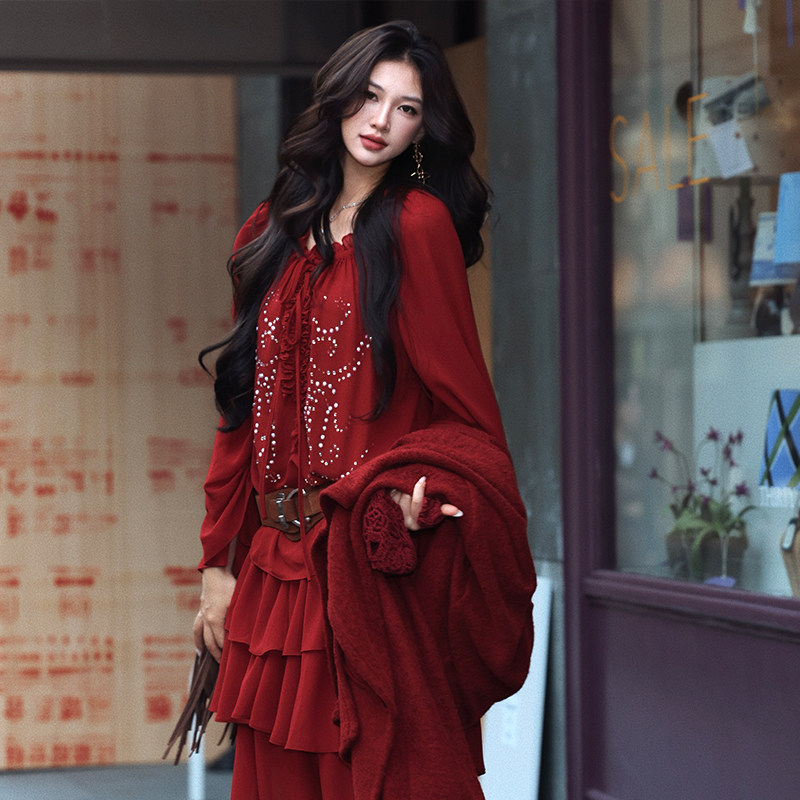 AZure法式复古红色雪纺衫蛋糕半身裙套装新疆川西旅游气质两件套,淘宝优惠券,粉丝福利购,淘宝优惠卷