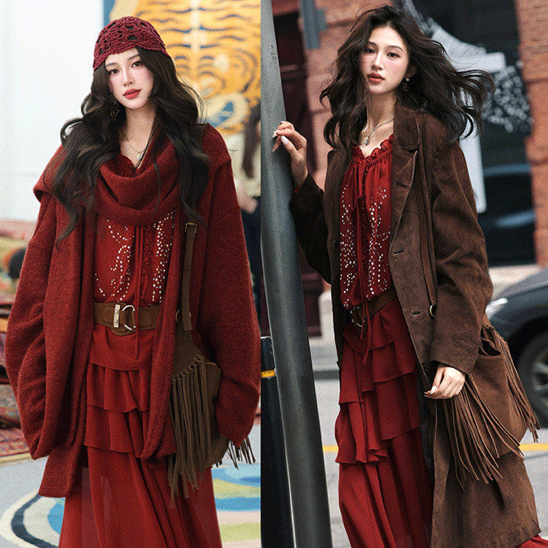 AZure法式复古红色雪纺衫蛋糕半身裙套装新疆川西旅游气质两件套,淘宝优惠券,粉丝福利购,淘宝优惠卷