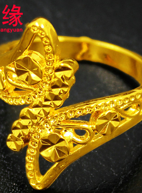 镀黄金戒指男女情侣圆圈镀金戒指花朵镀沙金指环尾戒老人饰品
