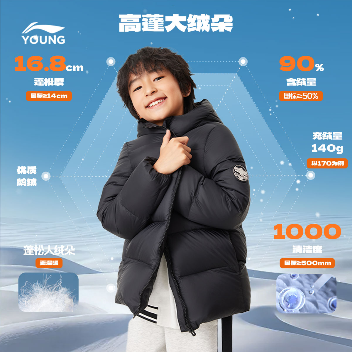 李宁童装中长款羽绒服男女小大童25新款休闲连帽冬季保暖鹅绒童装 - 图0