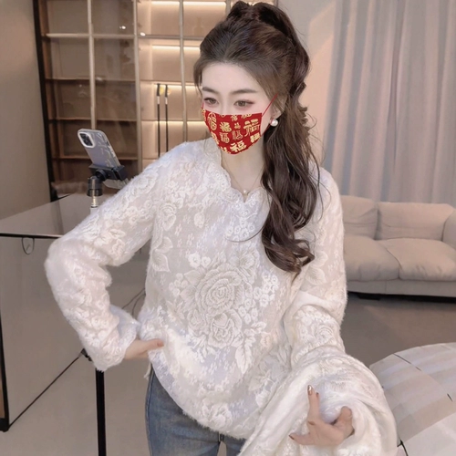 Кружевная демисезонная модная рубашка, в западном стиле, изысканный стиль, с вышивкой, V-образный вырез, свободный крой