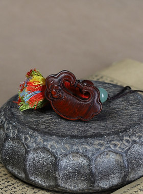 紫檀木雕刻如意荷花平安锁手机链