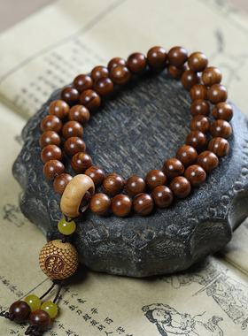 绿檀木黄花梨雕刻双圈龙吊坠手串